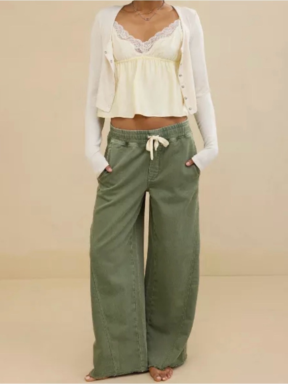 NWT Aerie Soft Landing Trouser - Wide Leg Drawstring Pant in Olive Green - Small